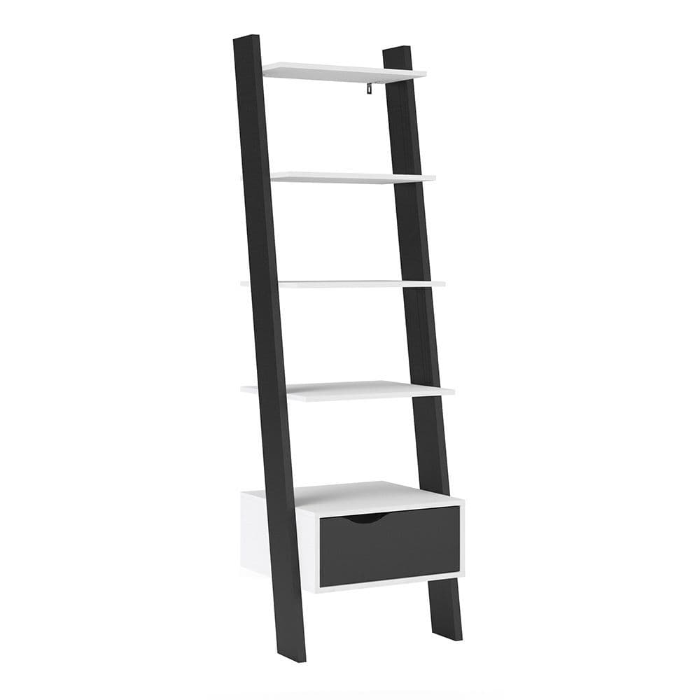 Freja Leaning Bookcase 1 Drawer in White and Black Matte